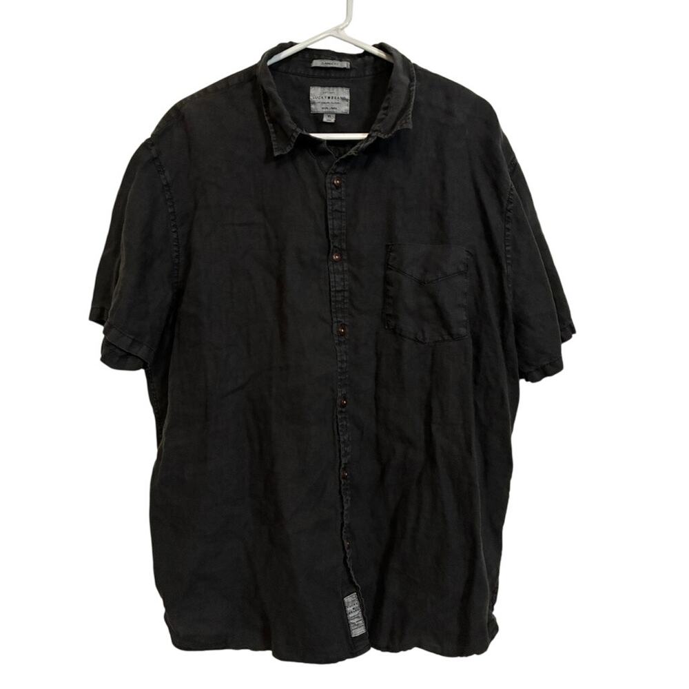 Lucky Brand Mens XL Black 100% Linen Short Sleeve Button Shirt Classic Fit